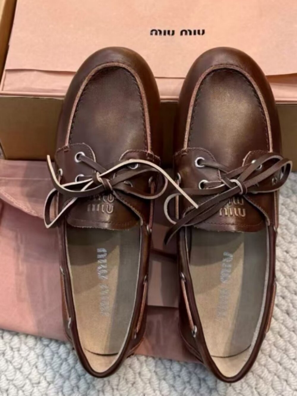 Miu Miu Brown Leather Loafer Boat Shoes